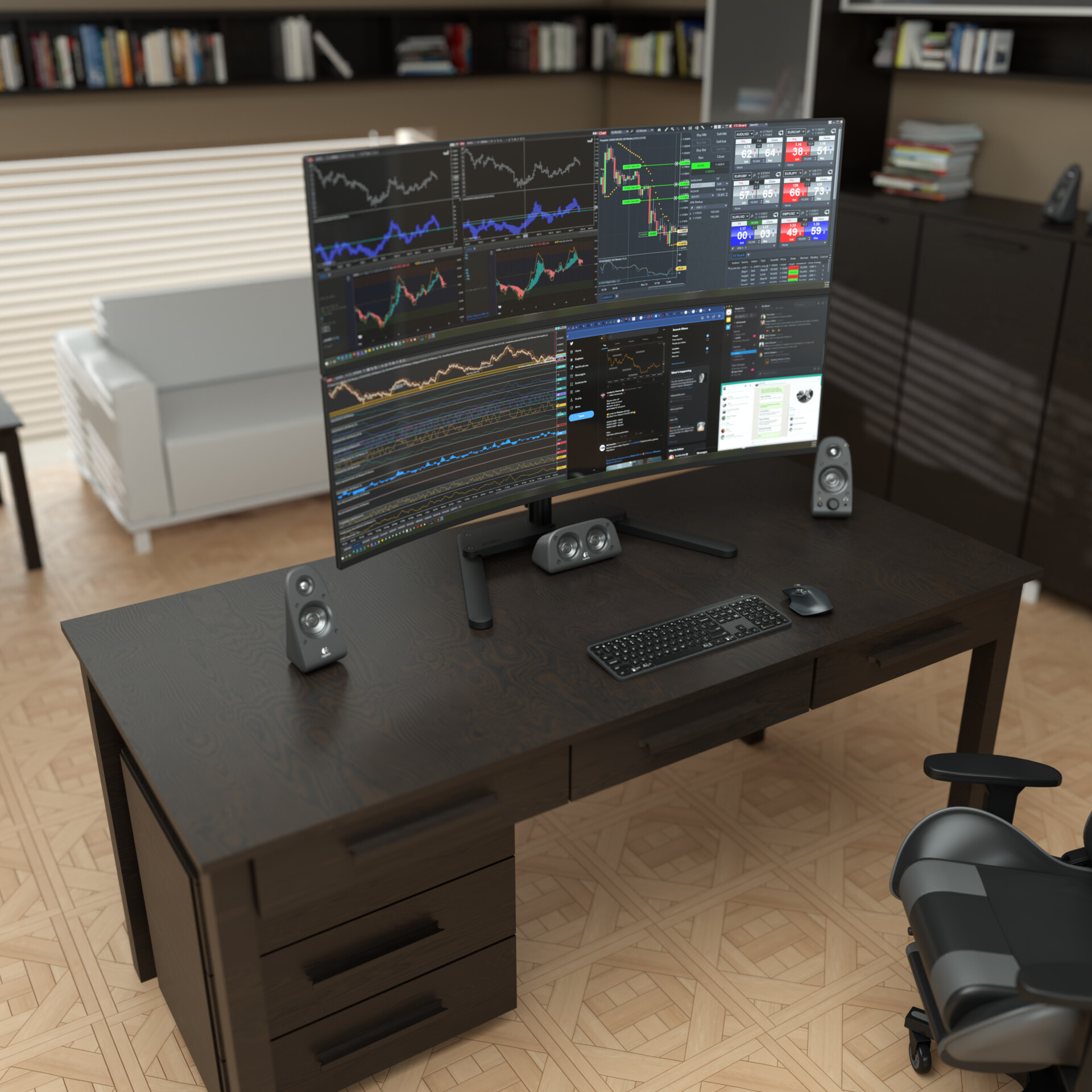 Close-up of clean, high-speed gaming workstation screen rendering 3D physics charts